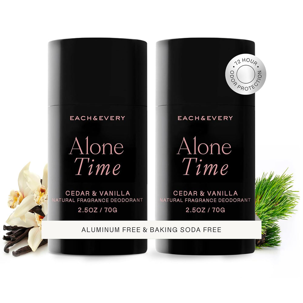 Each & Every cedar-vanilla deodorant stick provides aluminum-free odor protection for daily wear.
