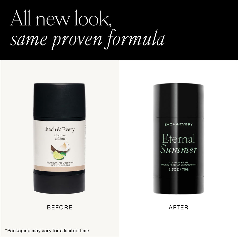 Each & Every coconut-lime deodorant scent highlights tropical fragrance for refreshed confidence.