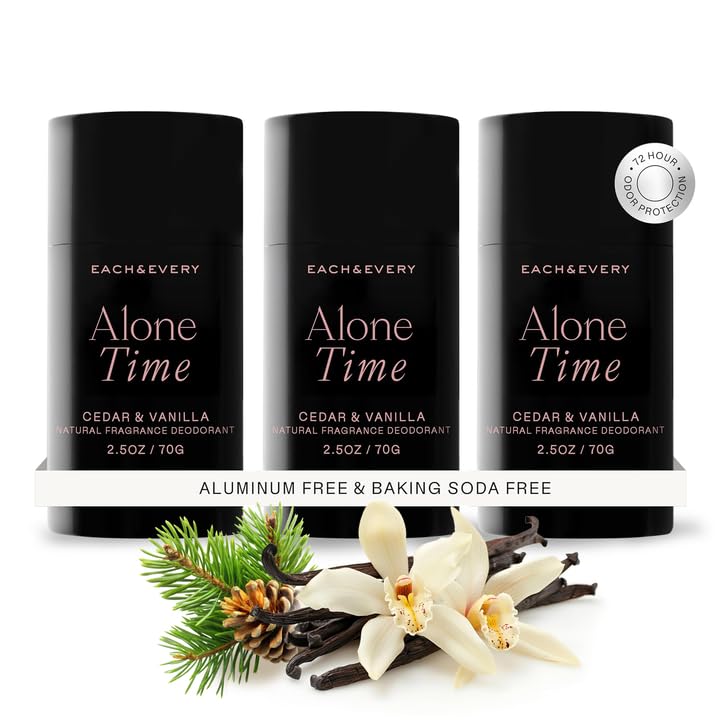 Each & Every cedar-vanilla 3-pack deodorant provides aluminum-free protection for all-day freshness.