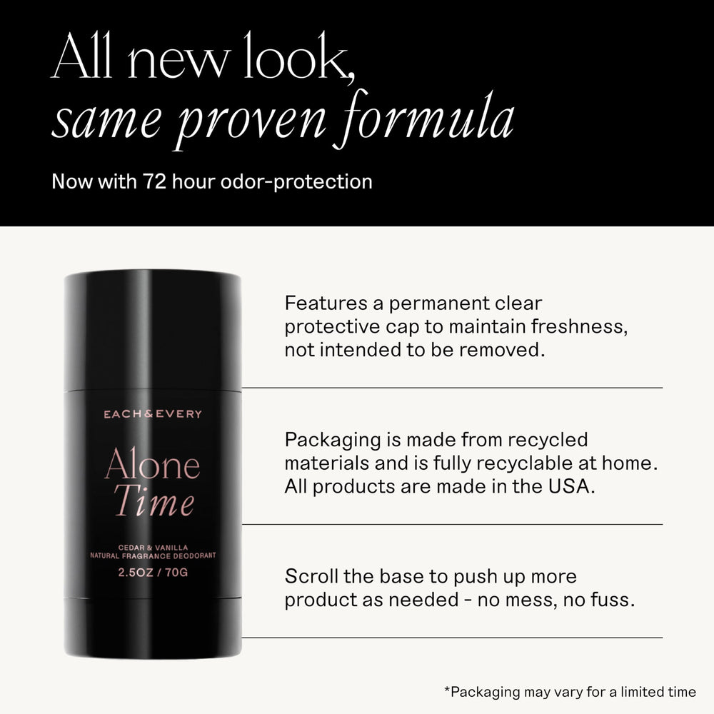 Each & Every cedar-vanilla packaging highlights recyclable materials for eco-friendly use.