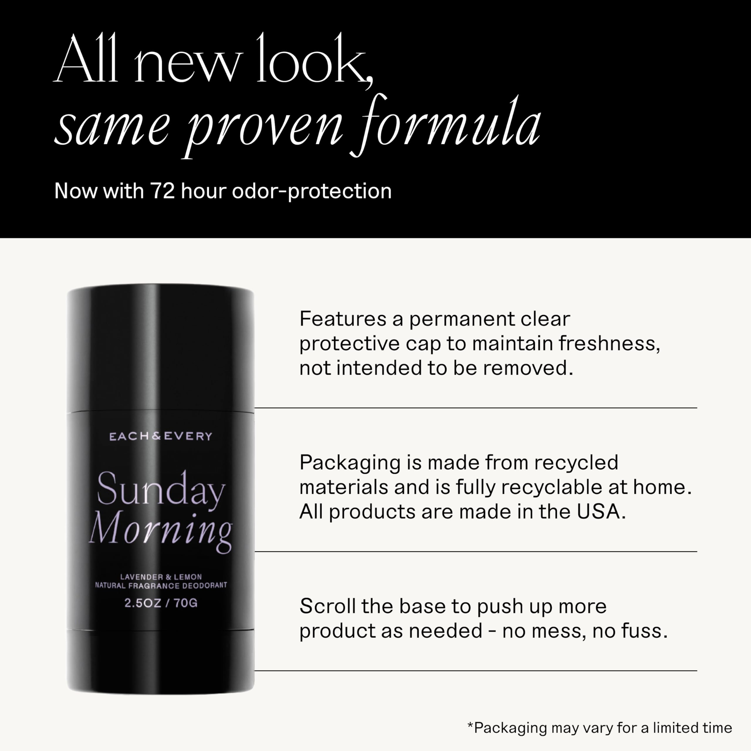 Each & Every lavender-lemon deodorant tube shows smooth glide for sensitive skin