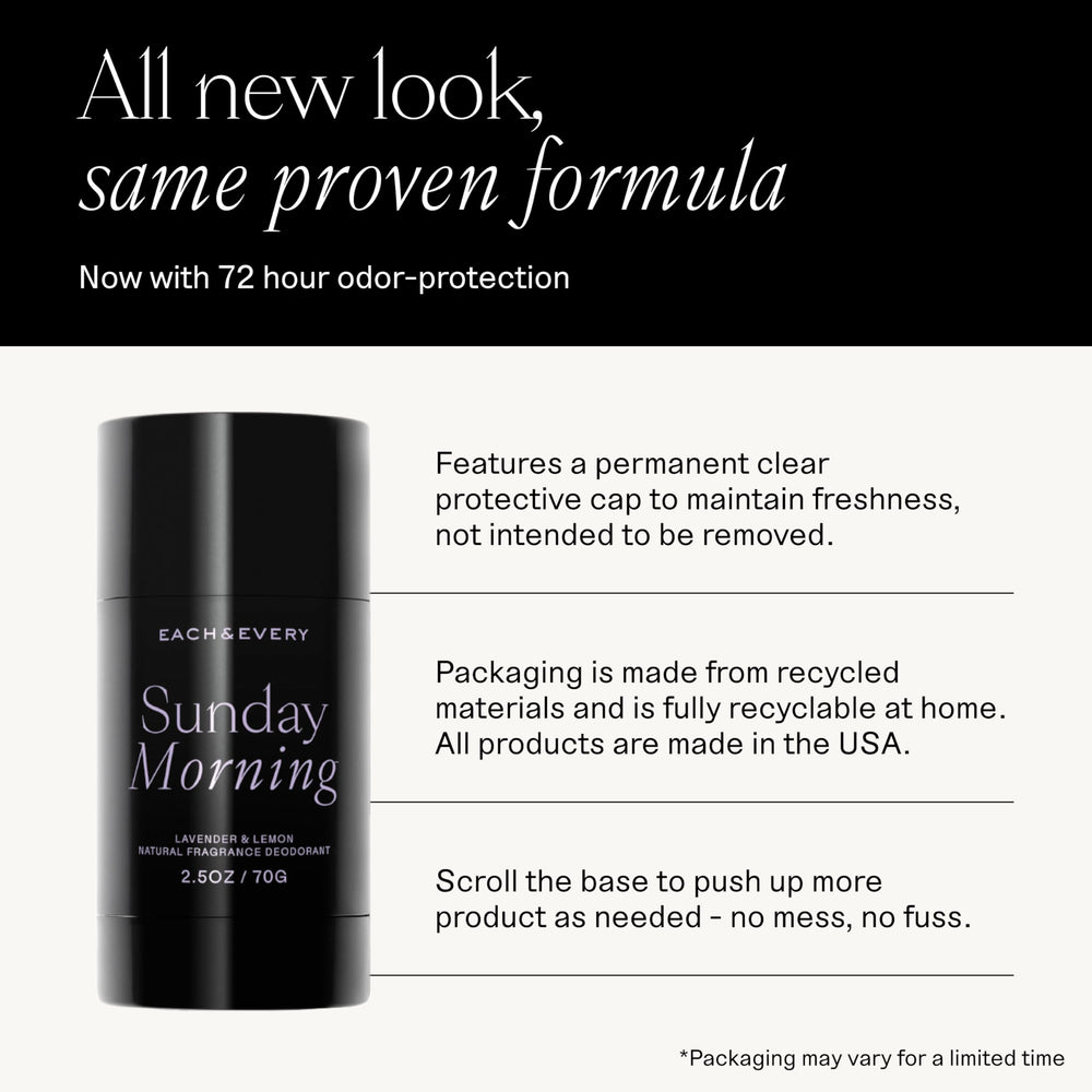 Each & Every Rose Vanilla packaging highlights plant-based, skin-friendly deodorant options