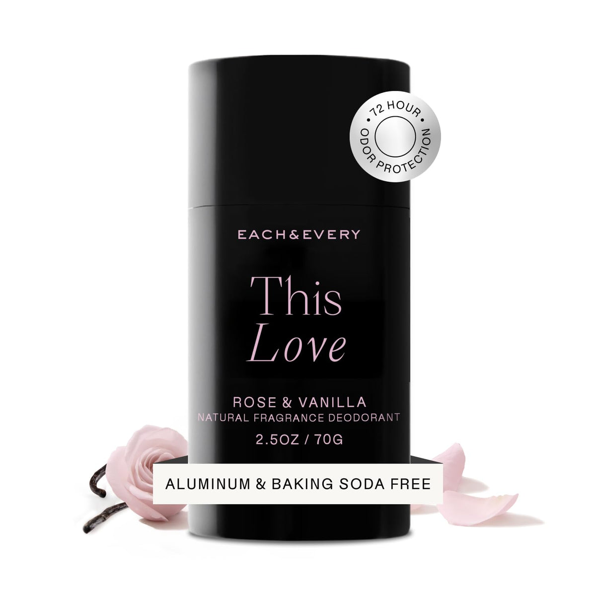 Each & Every rose-vanilla deodorant application shows smooth glide for sensitive skin