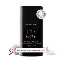 Each & Every rose-vanilla deodorant application shows smooth glide for sensitive skin