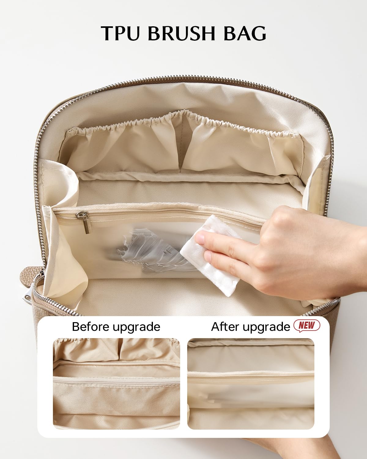 EACHY makeup bag features a clear TPU brush compartment for visibility and access.