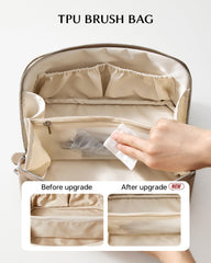 EACHY makeup bag features a clear TPU brush compartment for visibility and access.