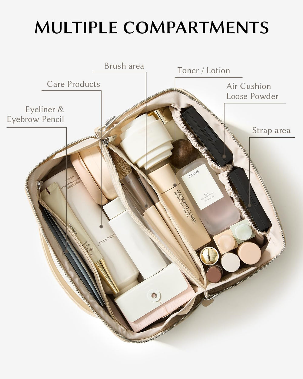Eachy makeup bag inner pockets keep brushes and lipsticks neatly separated