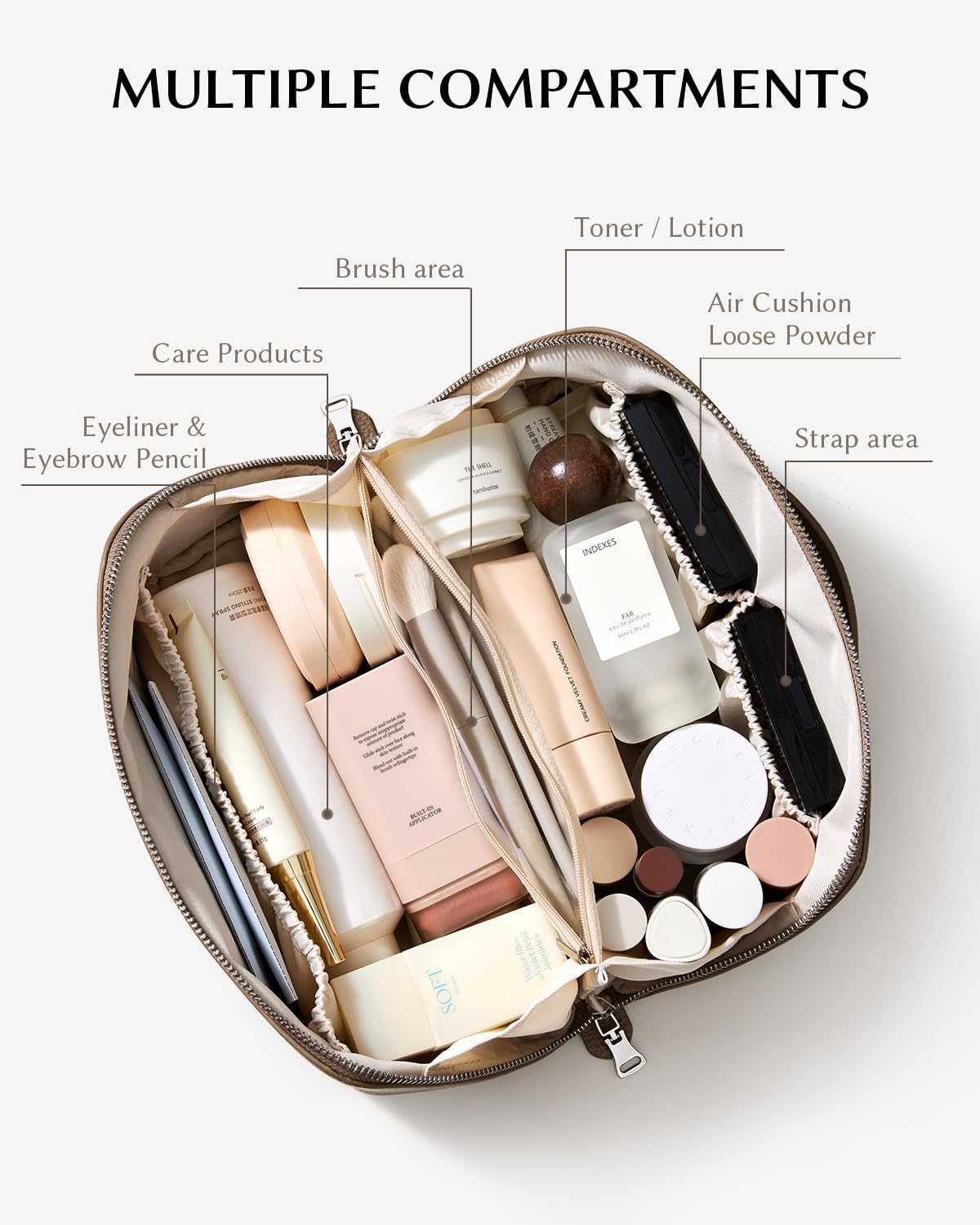 EACHY makeup bag highlights waterproof fabric and durable lining for daily use.