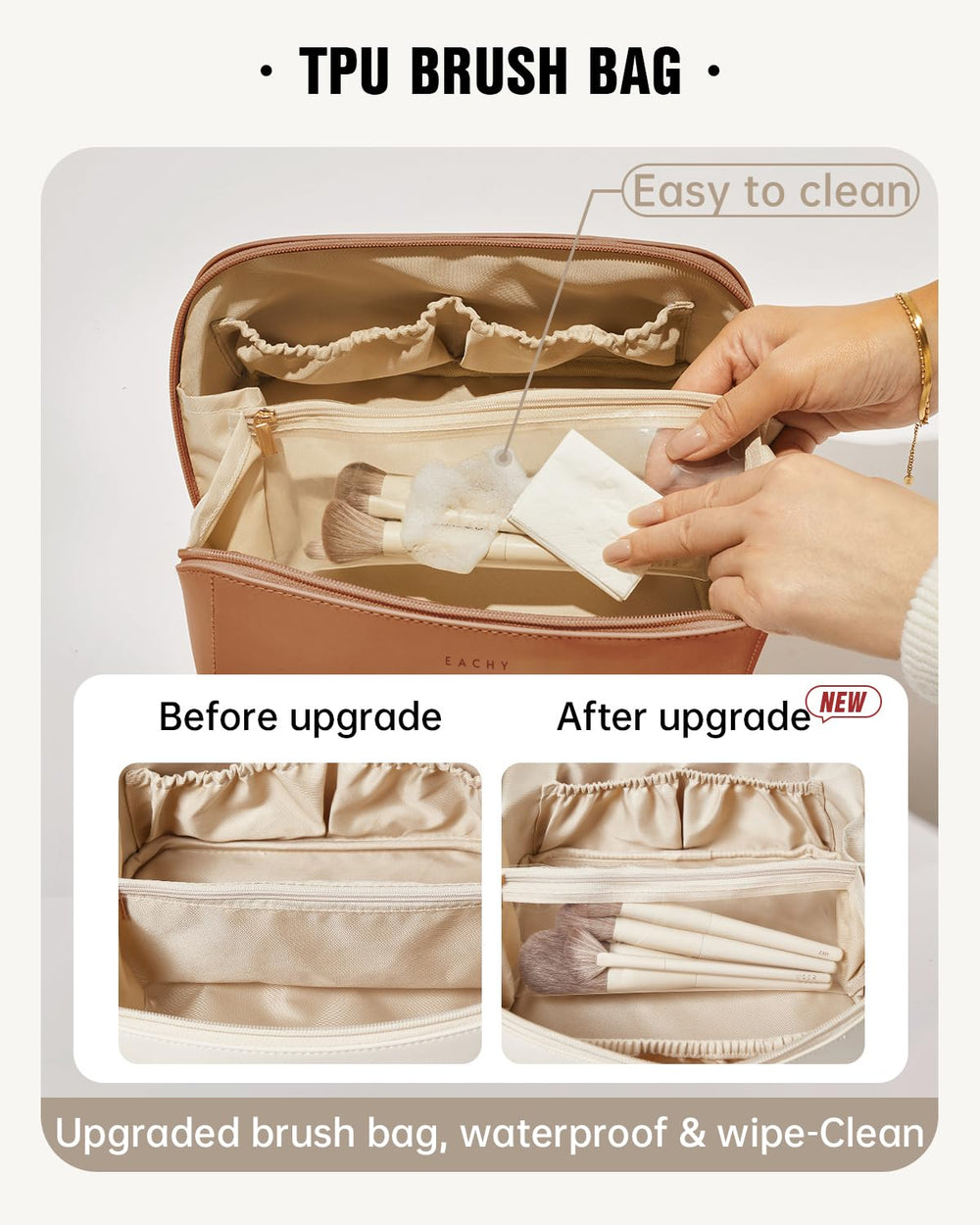 EACHY Travel Makeup Bag brown brush compartment keeps brushes visible.