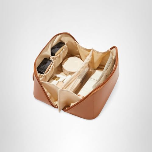 EACHY Travel Makeup Bag brown compact size fits day trips.