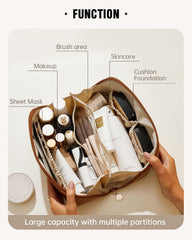 EACHY Travel Makeup Bag brown inside divider keeps cosmetics neatly separated.