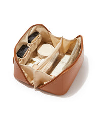 EACHY Travel Makeup Bag brown open flat view for quick access.
