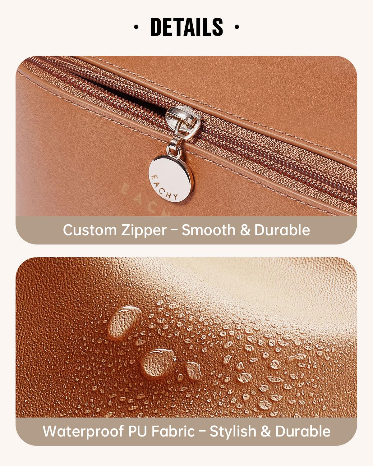 EACHY Travel Makeup Bag brown polyester lining cleans easily after trips.