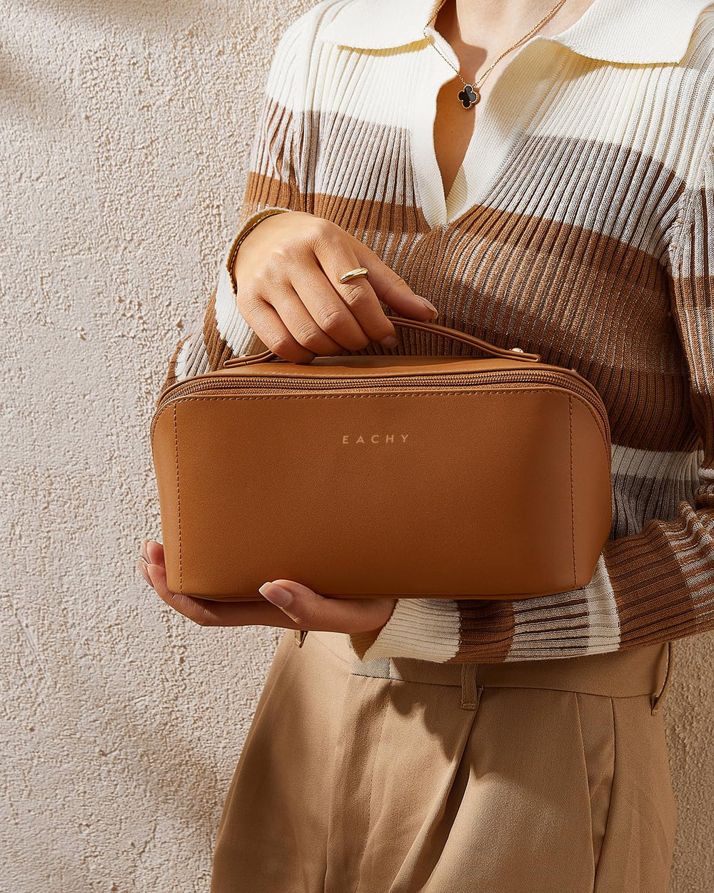 EACHY Travel Makeup Bag brown side view showing compact profile.