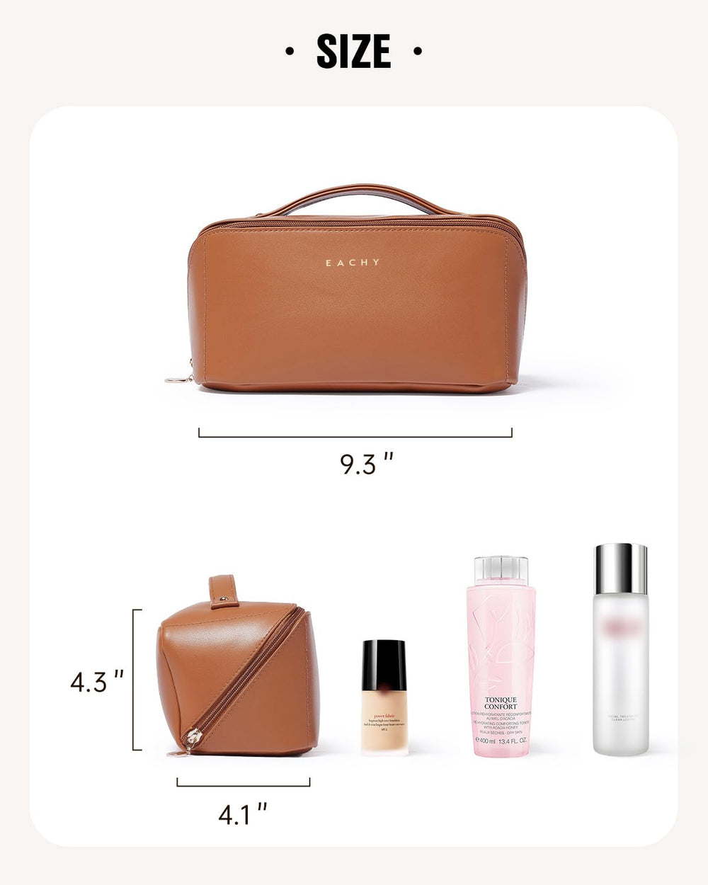 EACHY Travel Makeup Bag brown zipper closure secures contents during travel.