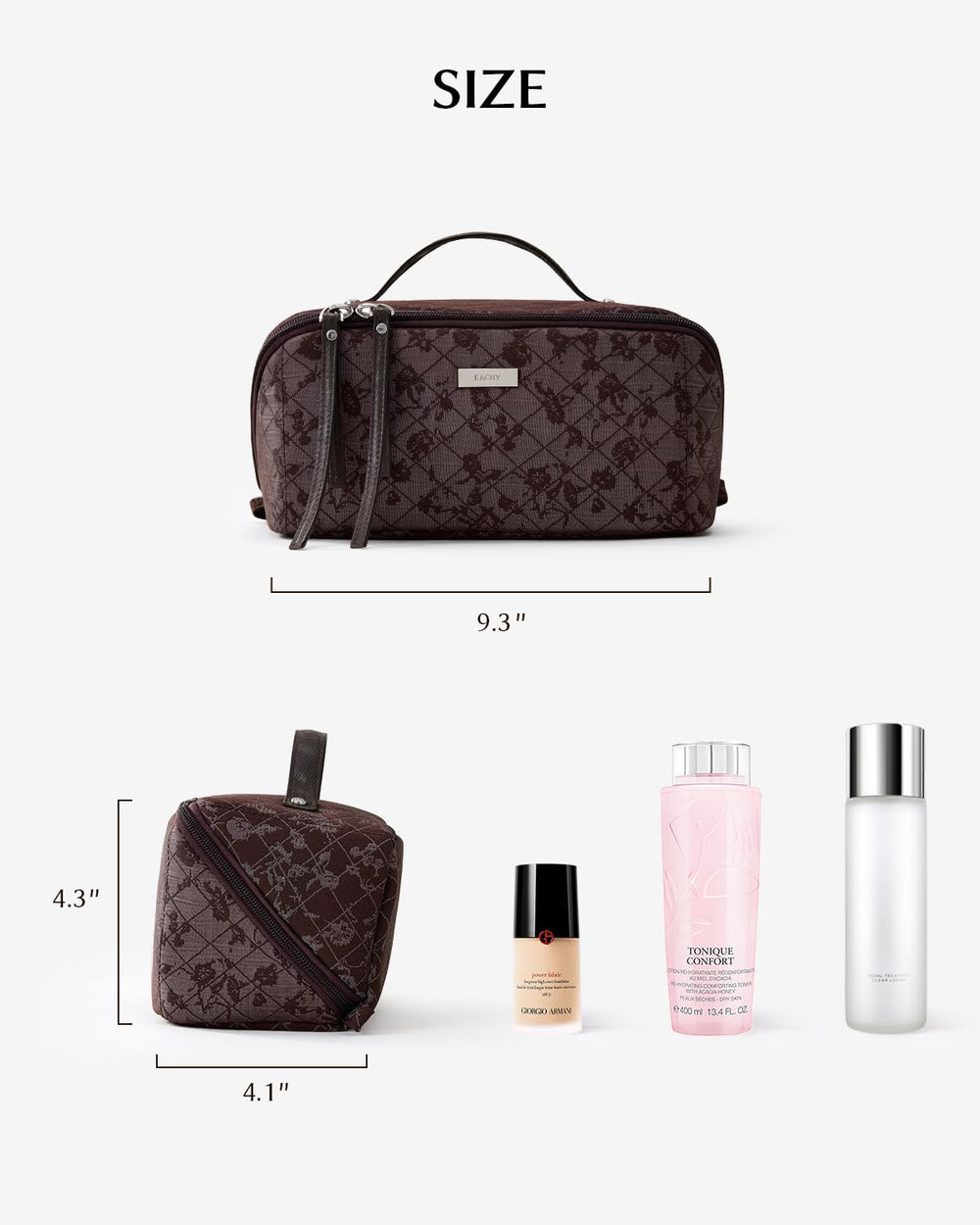 EACHY travel makeup bag brush compartment with TPU offers clear, waterproof brush protection.