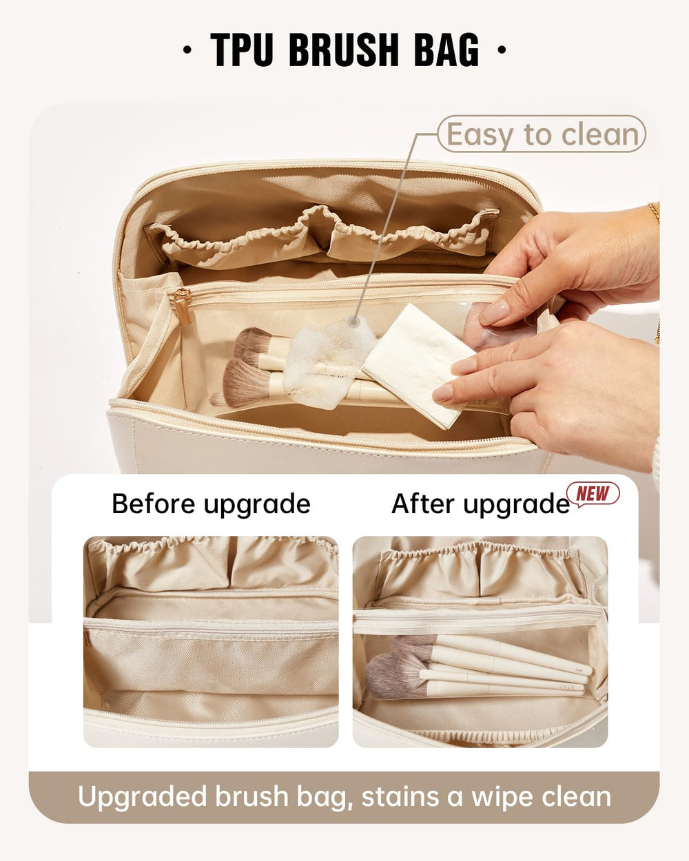 EACHY brush compartment stores brushes neatly with clear TPU for visibility.