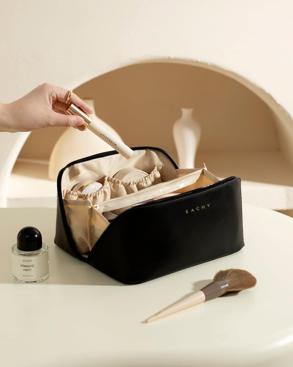 EACHY Travel Makeup Bag dimensions help fit in luggage or tote bags.