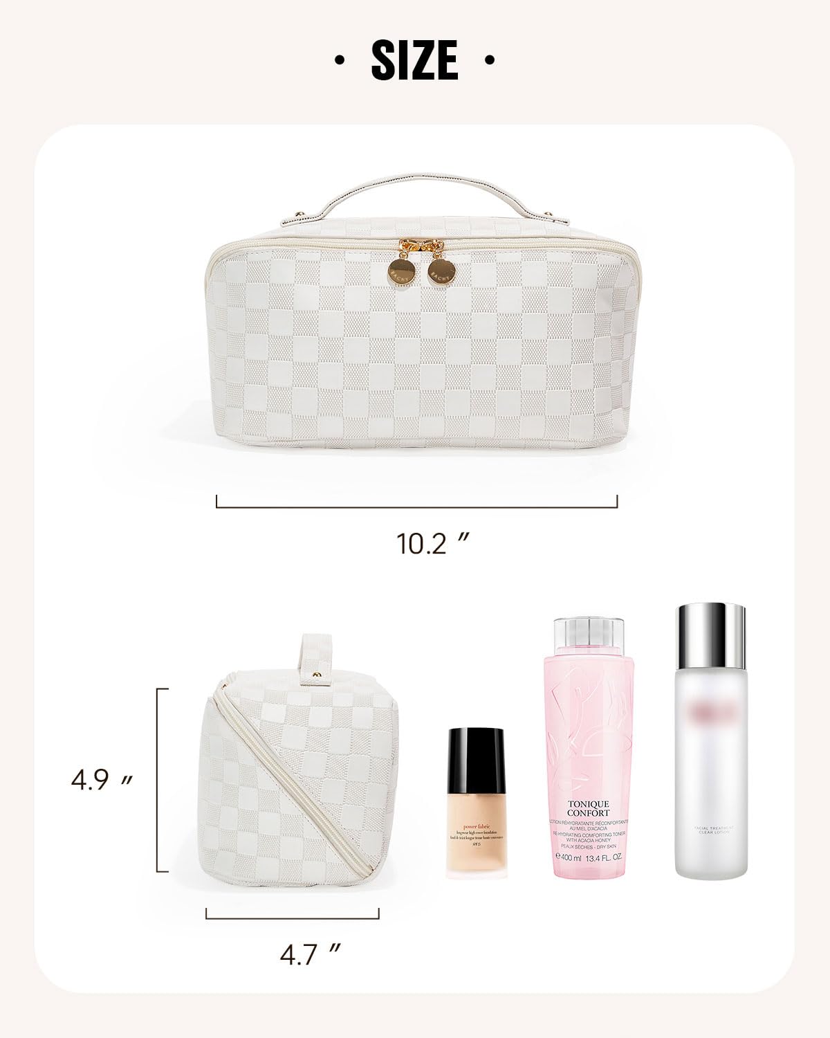 EACHY Travel Makeup Bag divider and handle for portable organization.