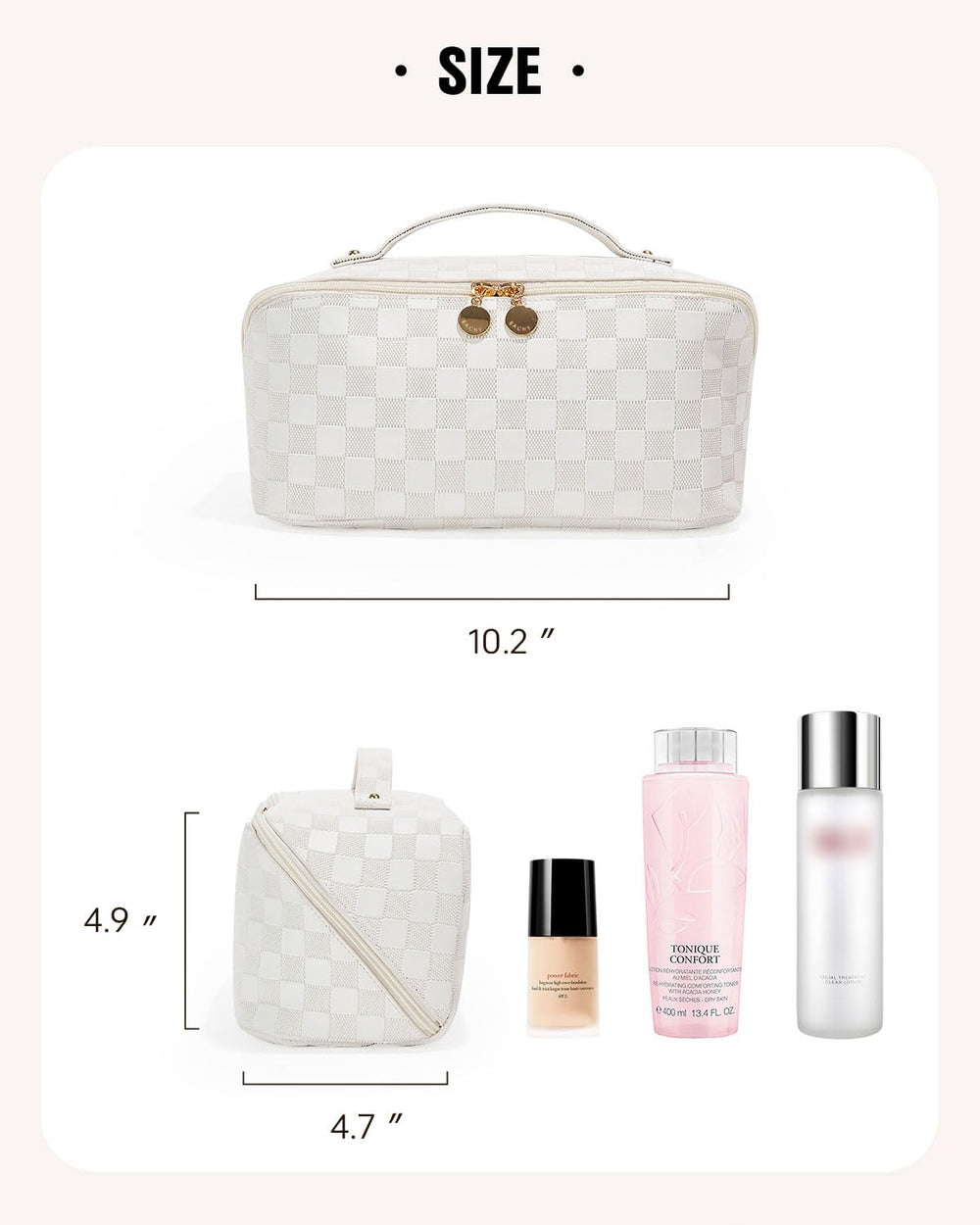 EACHY Travel Makeup Bag divider and handle for portable organization.