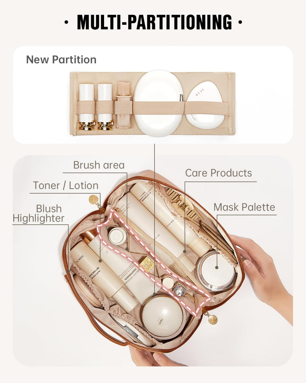 Eachy makeup bag interior with divider and pockets for cosmetics organization.