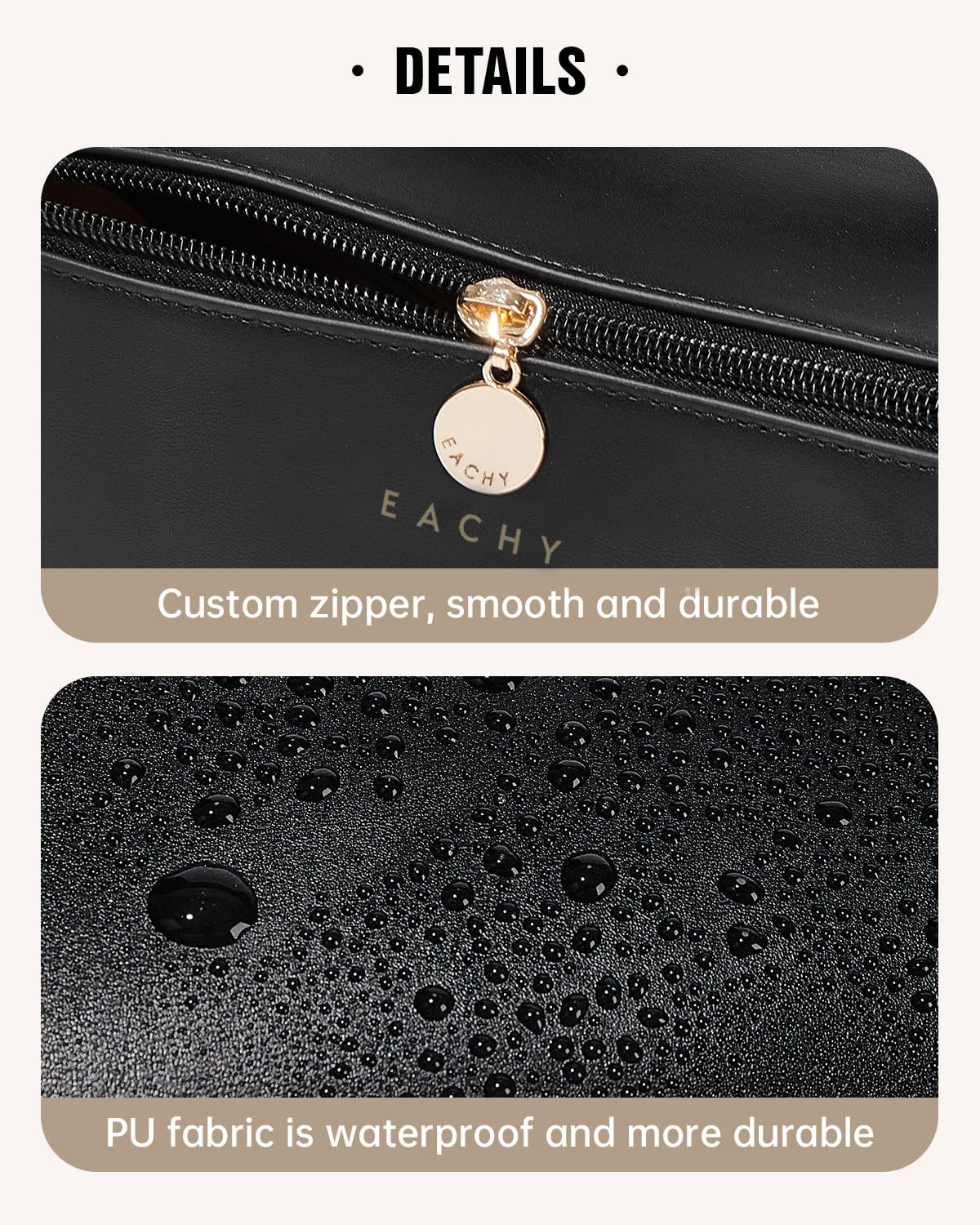 EACHY Travel Makeup Bag uses a sturdy divider to separate cosmetics and toiletries.
