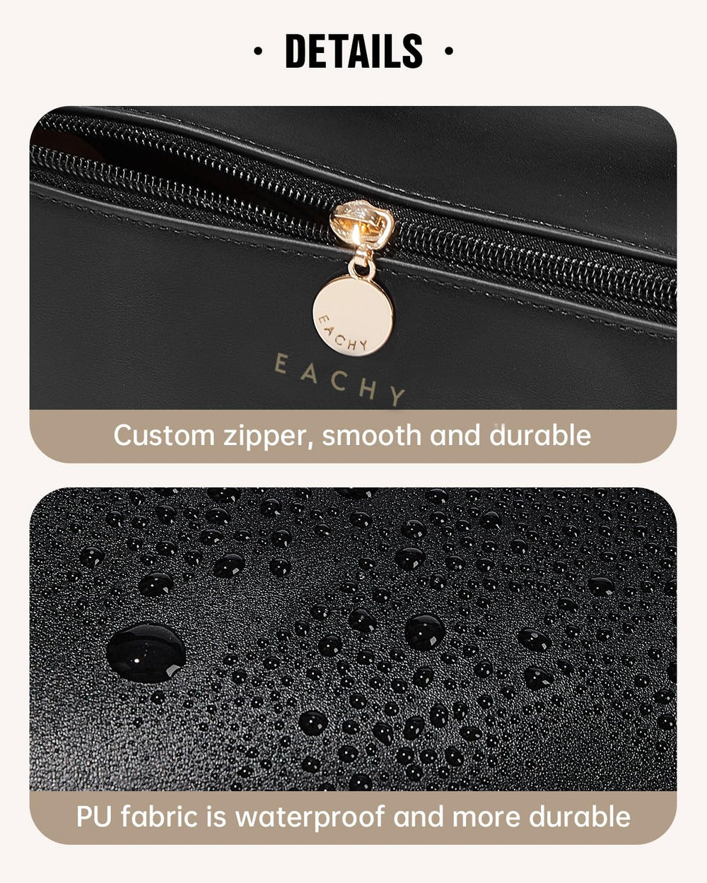 EACHY Travel Makeup Bag uses a sturdy divider to separate cosmetics and toiletries.