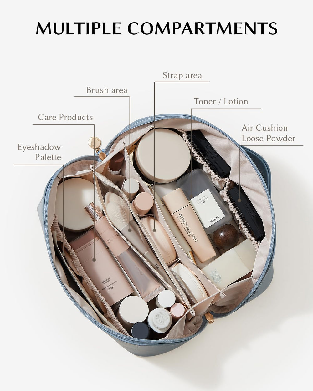 EACHY travel makeup bag flat open view helps you see every item instantly.
