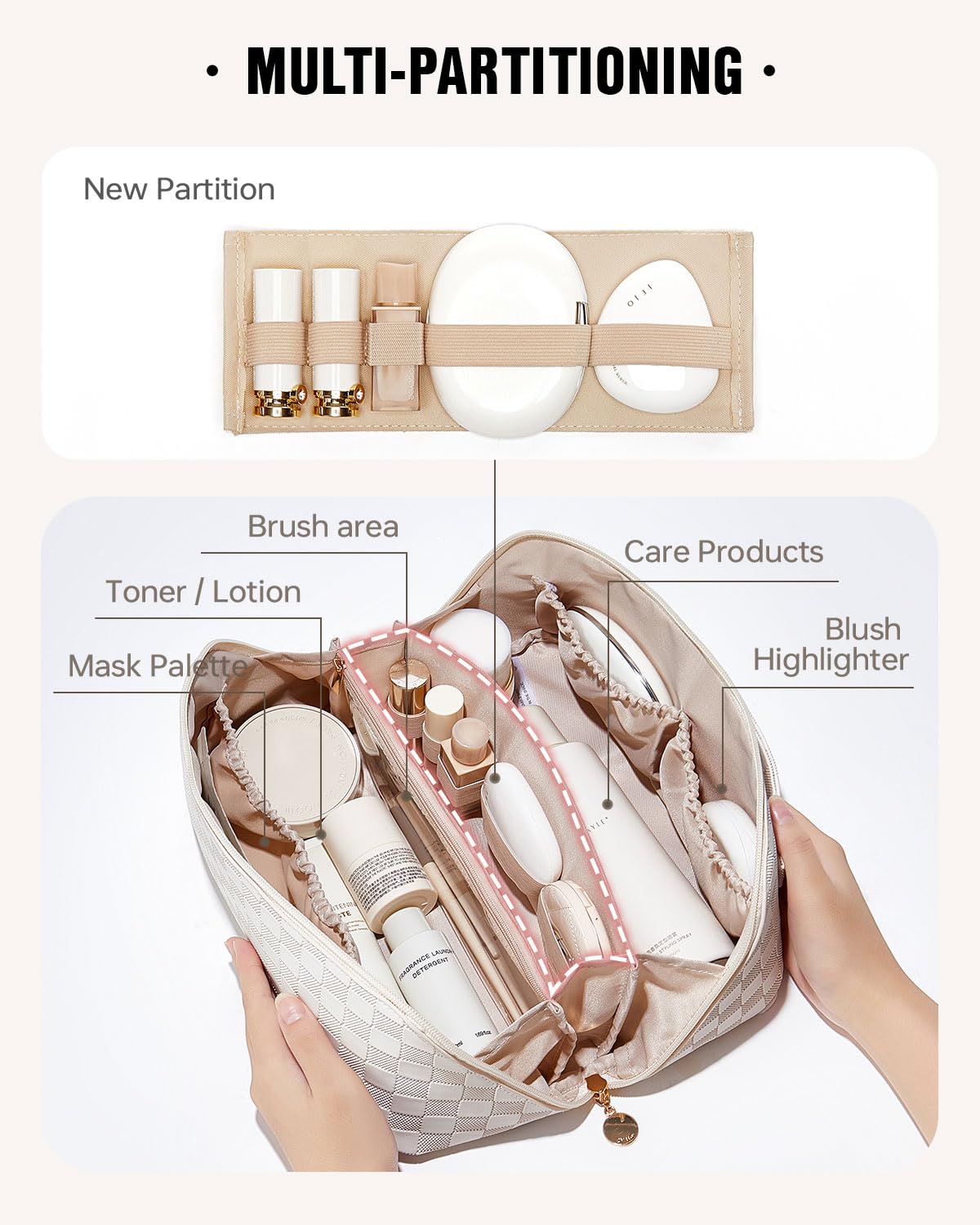 EACHY Travel Makeup Bag flat-opening view for quick access to items.