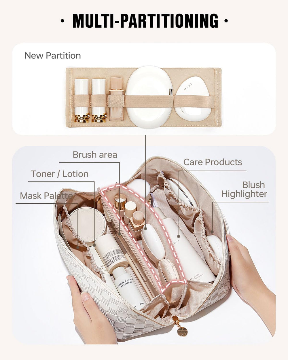 EACHY Travel Makeup Bag flat-opening view for quick access to items.
