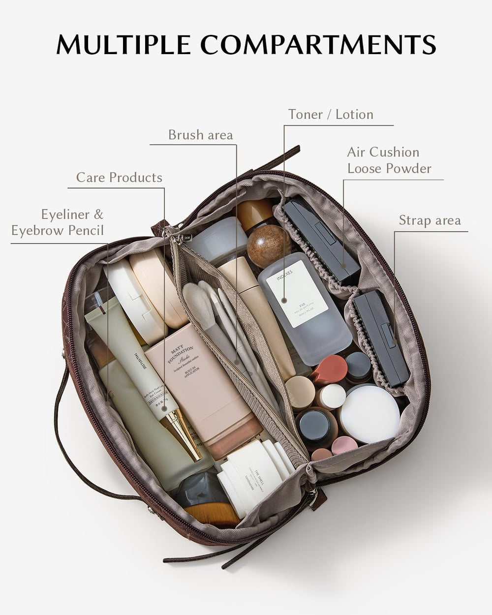 EACHY travel makeup bag flat-opening design offers full item visibility while packing.