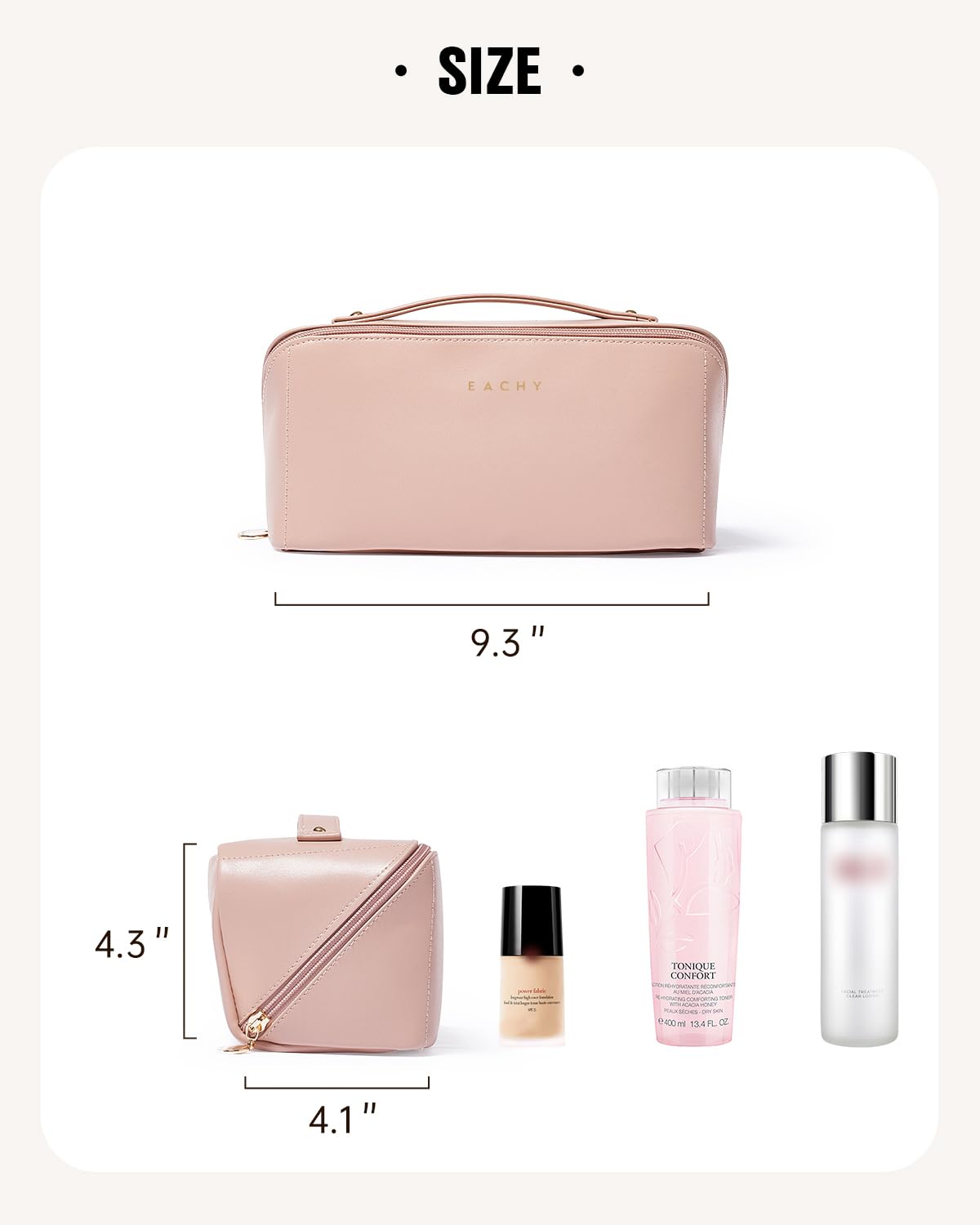 EACHY Travel Makeup Bag with durable handle for portable use.