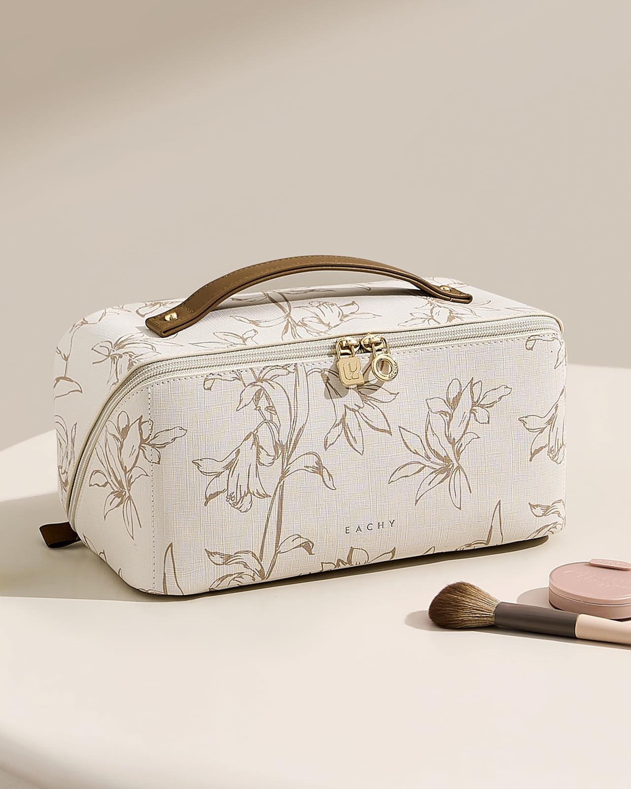 EACHY Travel Makeup Bag in use, proving versatility for trips and daily commutes.