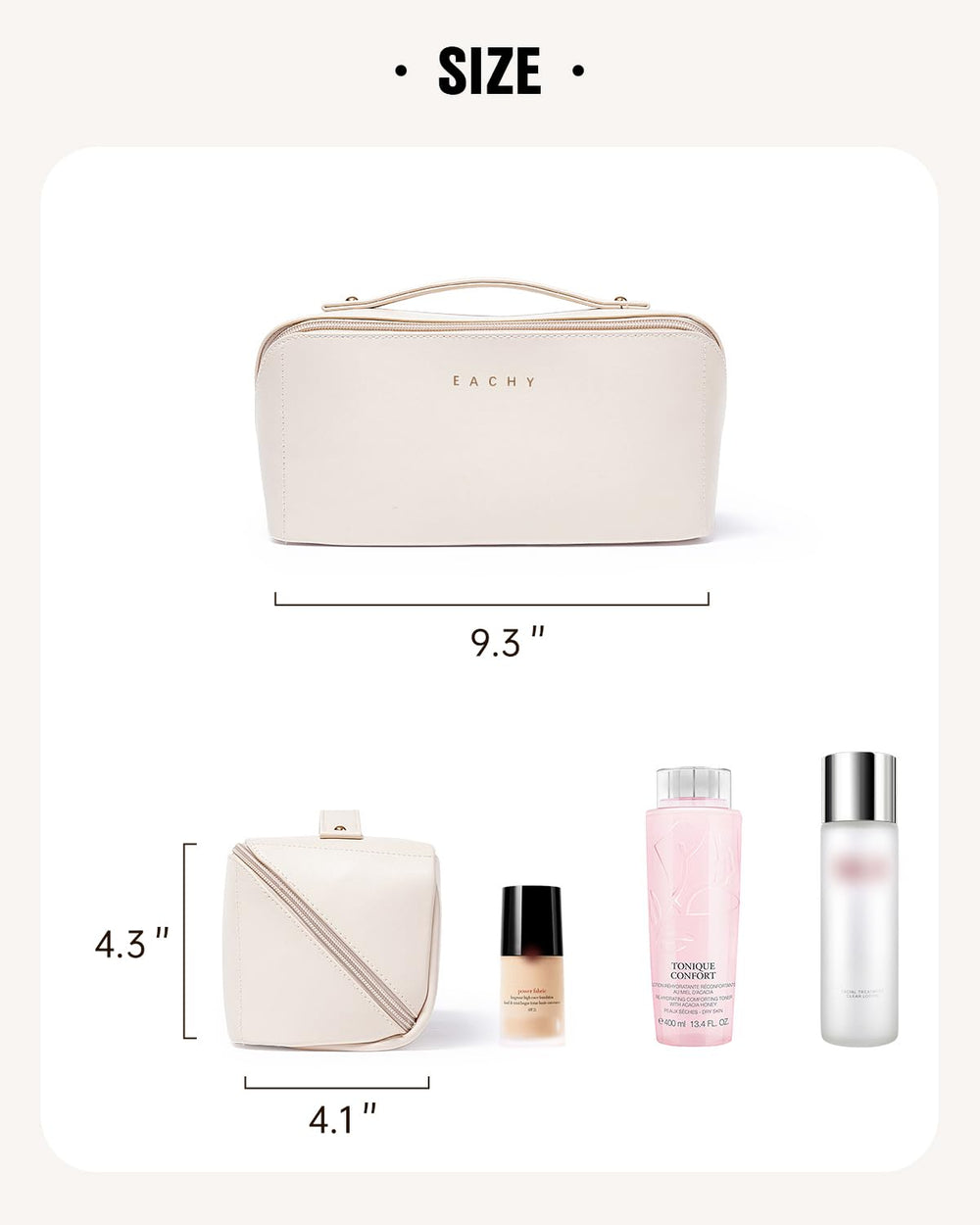 EACHY inner pockets maximize organization for cosmetics and toiletries.