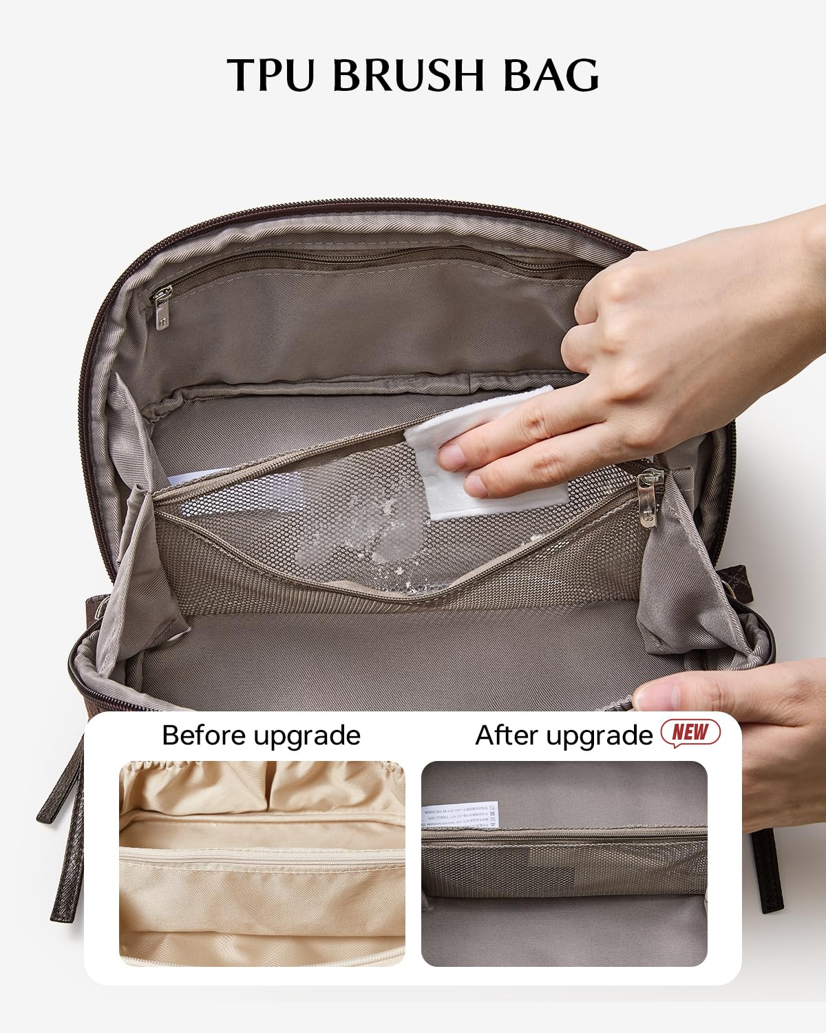 EACHY travel makeup bag inner pockets keep cosmetics organized for quick access.