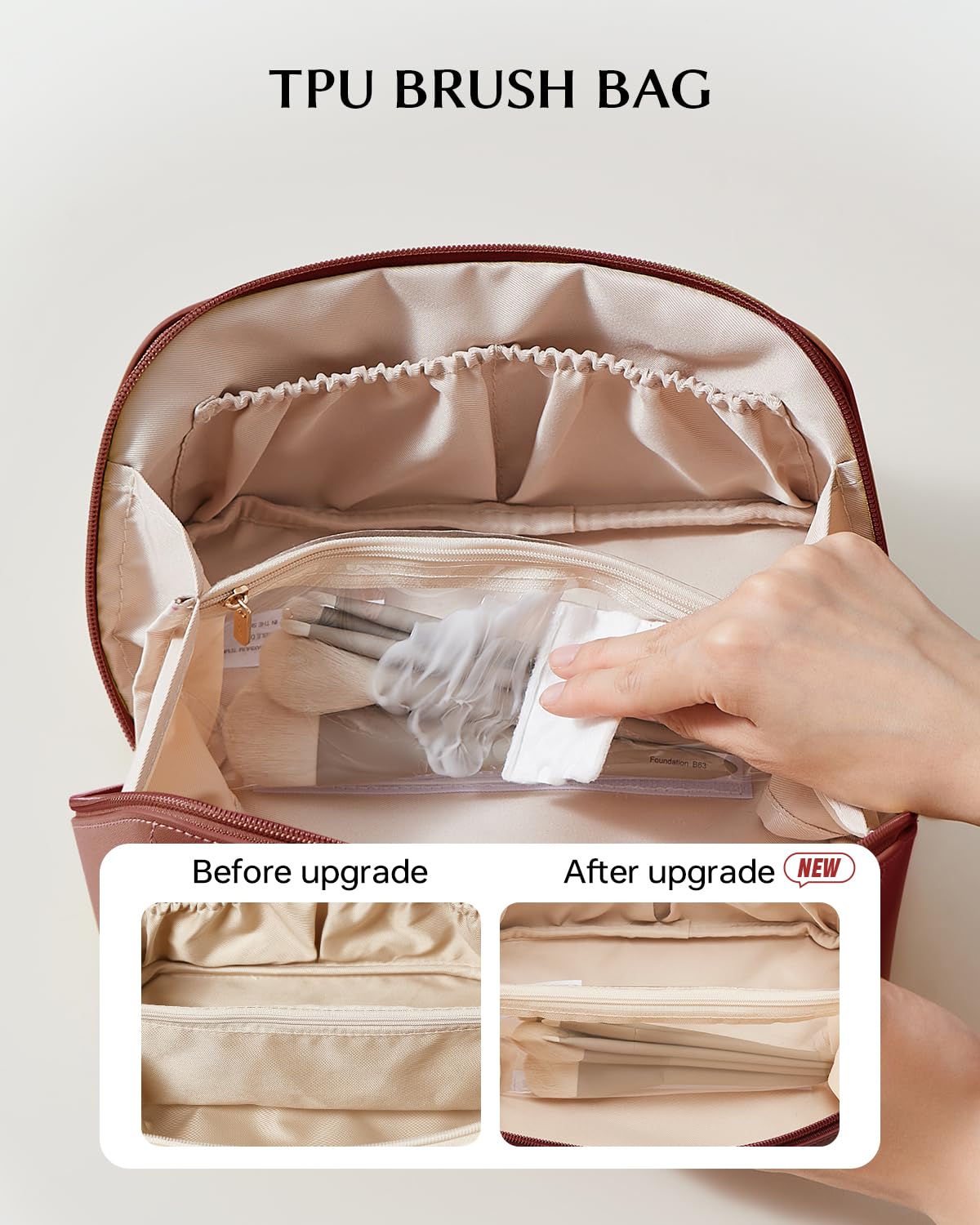 EACHY travel makeup bag inner pockets view helps locate items fast.