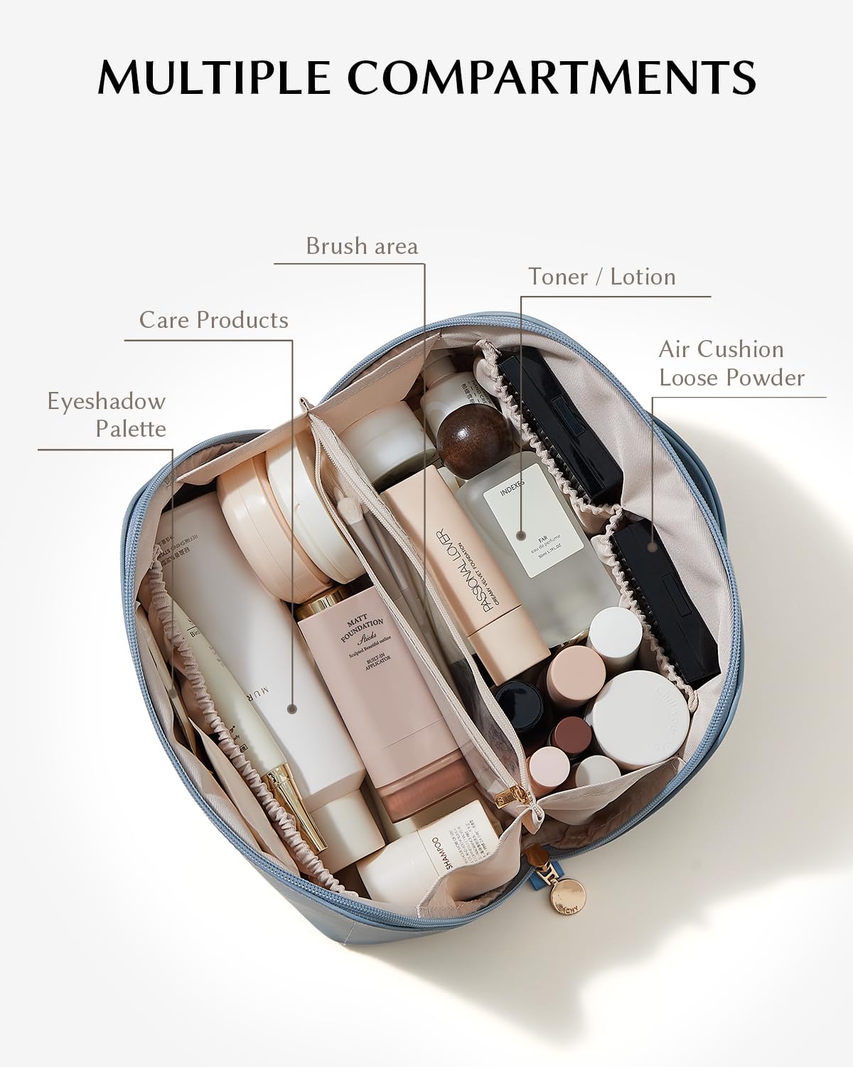 EACHY travel makeup bag inner pockets keep cosmetics organized during transit.