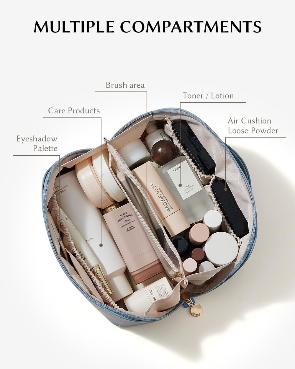EACHY travel makeup bag inner pockets keep cosmetics organized during transit.