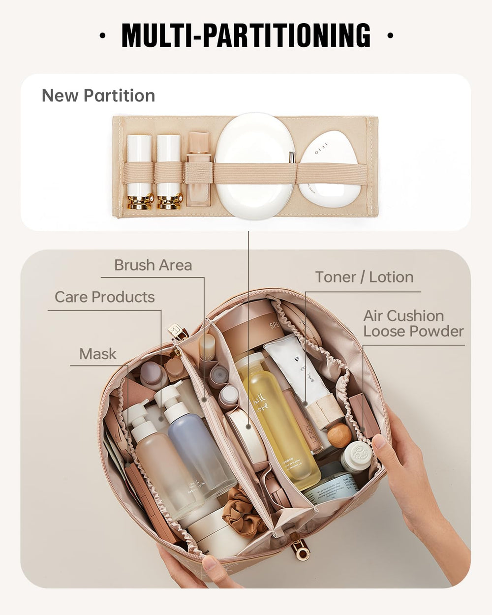 EACHY travel makeup bag interior pockets organized storage for toiletries and cosmetics