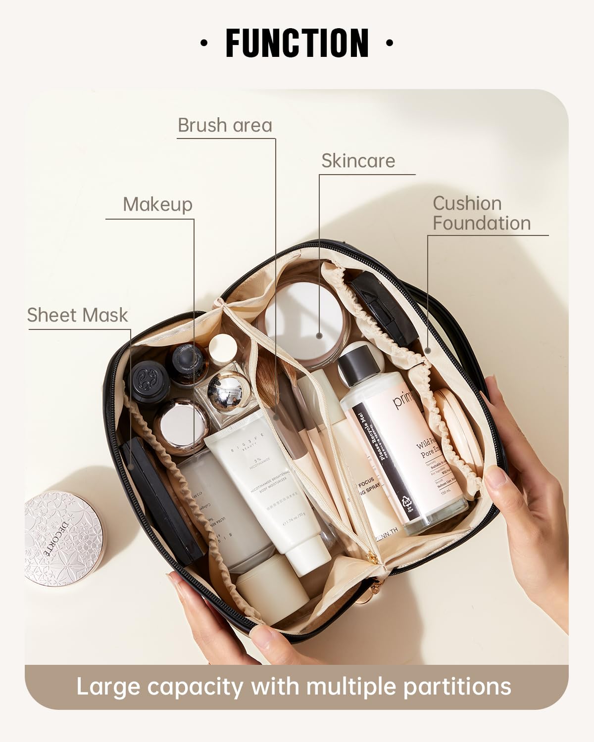 EACHY Travel Makeup Bag interior pockets keep items organized and visible.
