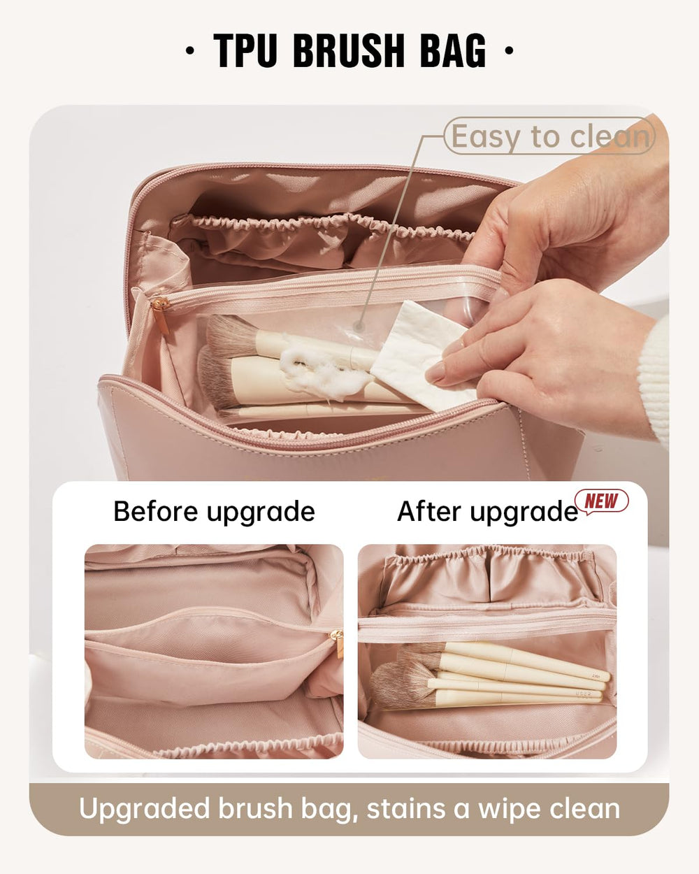 EACHY Travel Makeup Bag with metal zipper offers smooth opening and closing.