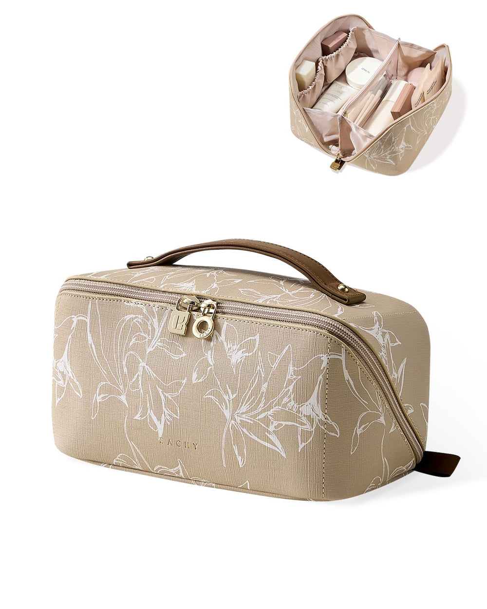 EACHY Travel Makeup Bag open-flat view shows quick-access cosmetics organization