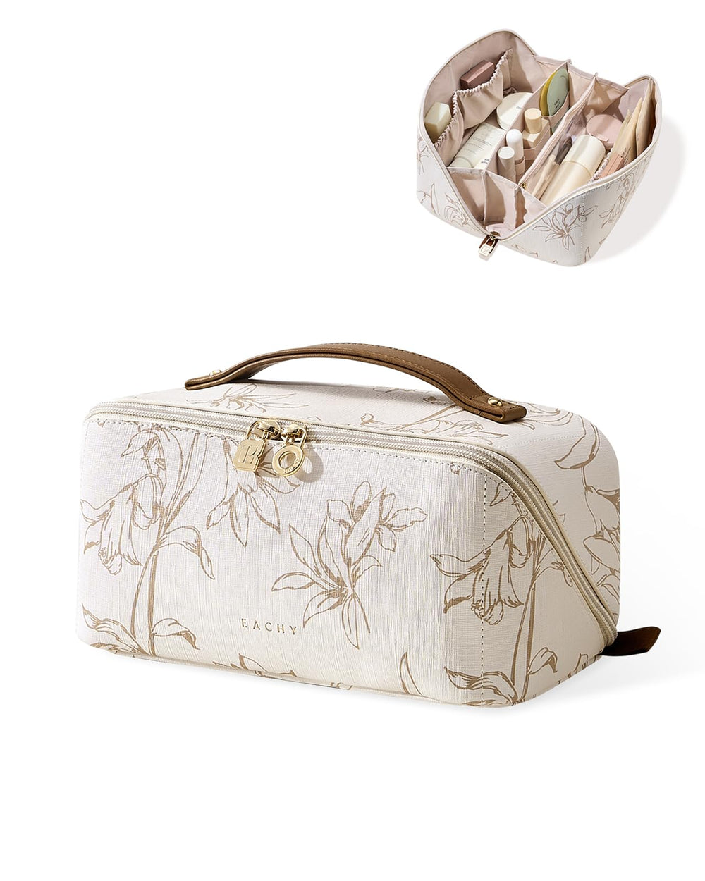 EACHY Travel Makeup Bag opens flat for quick access during travel or hotel check-ins.
