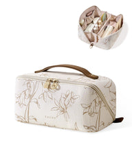 EACHY Travel Makeup Bag opens flat for quick access during travel or hotel check-ins.