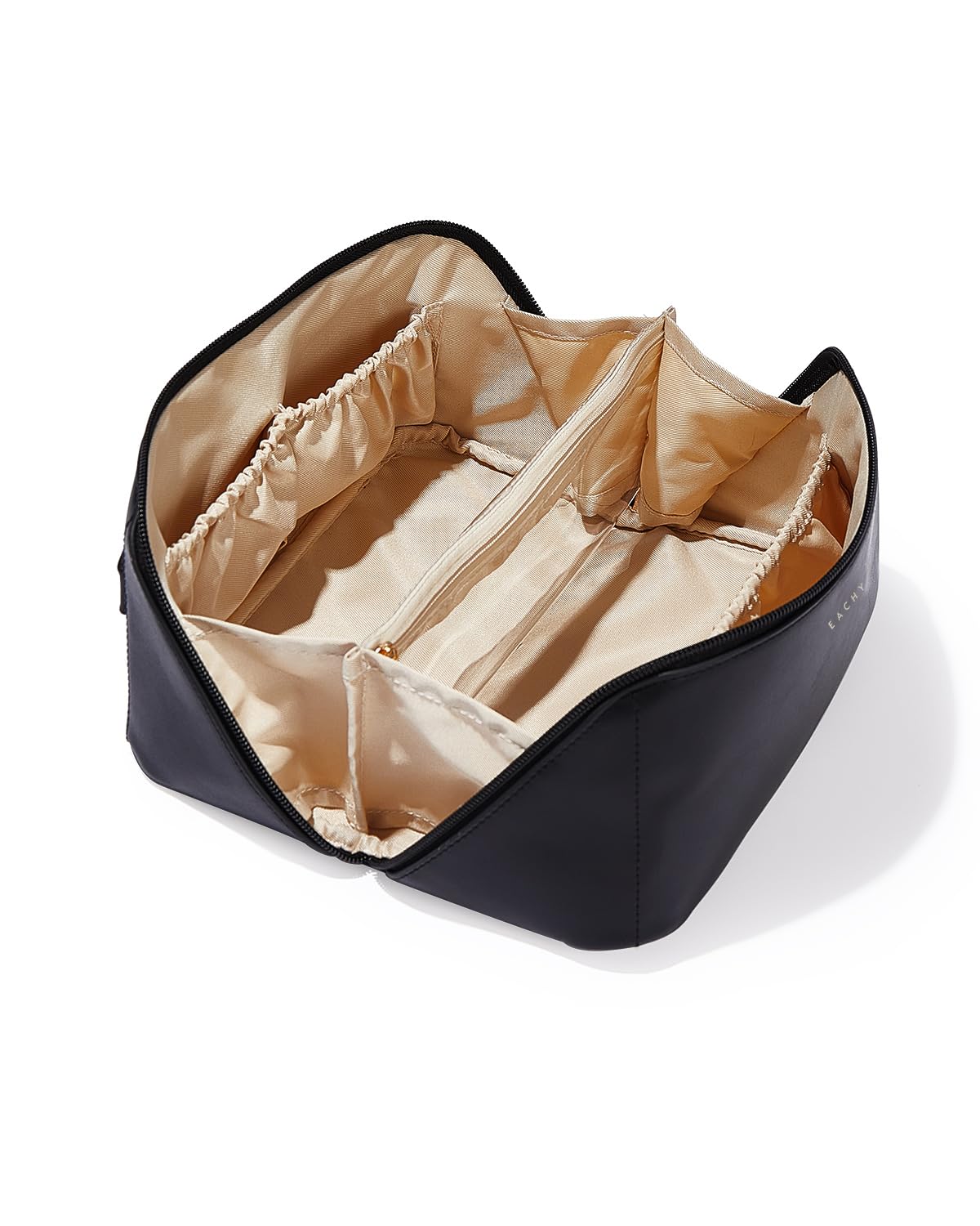 EACHY Travel Makeup Bag opens flat for easy access to cosmetics on the go.