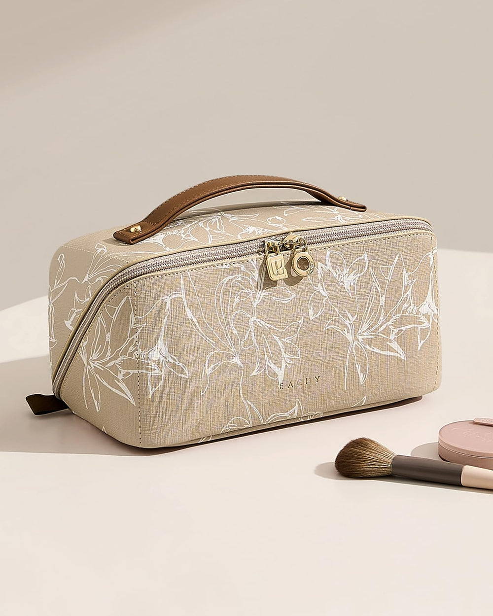 EACHY Travel Makeup Bag pattern in brown offers stylish, versatile bathroom organizer