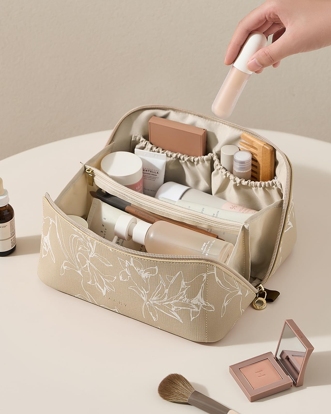 EACHY Travel Makeup Bag pattern in brown offers stylish, versatile bathroom organizer
