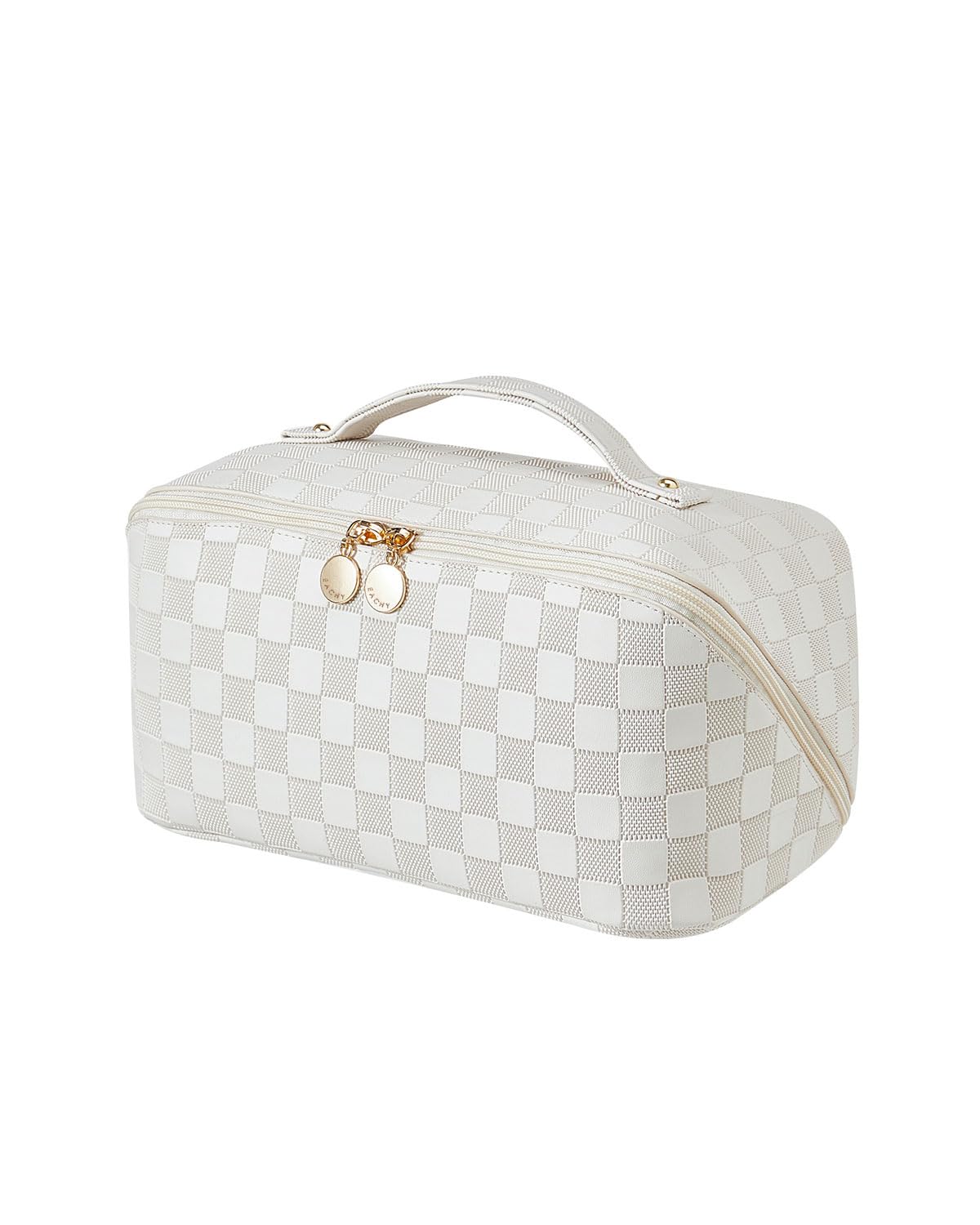 EACHY Travel Makeup Bag shows spacious design for organized cosmetics on trips.