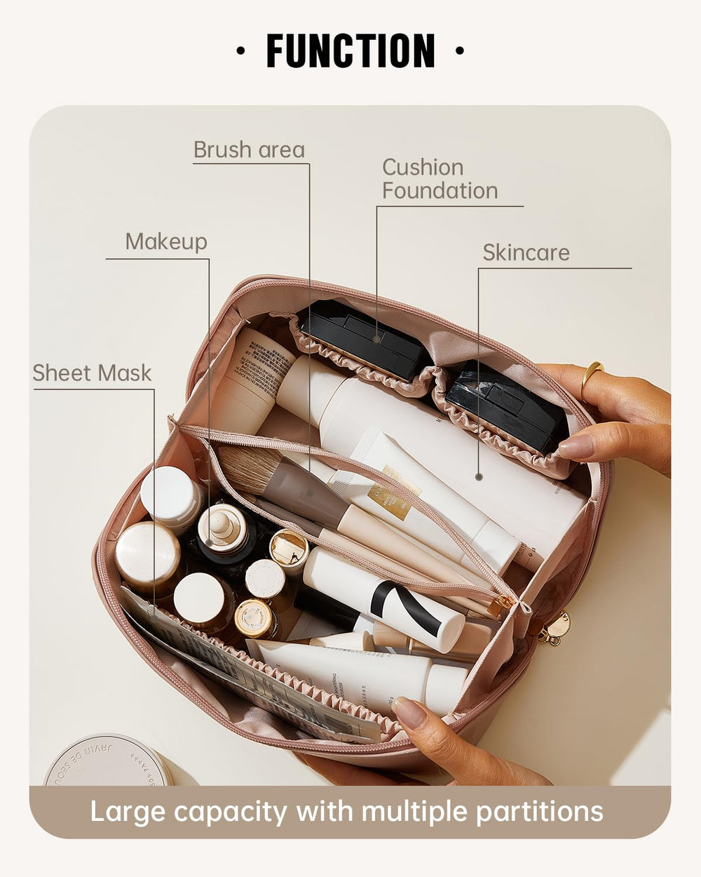EACHY Travel Makeup Bag spacious interior holds palettes, brushes, and toiletries neatly.