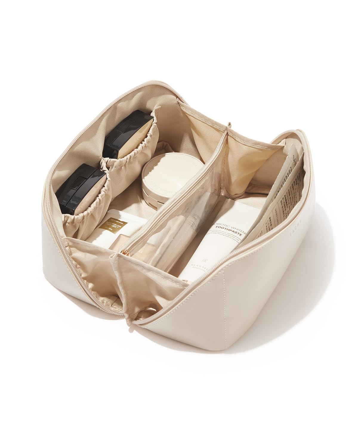 EACHY travel makeup bag waterproof exterior shows durable PU leather for easy cleaning.